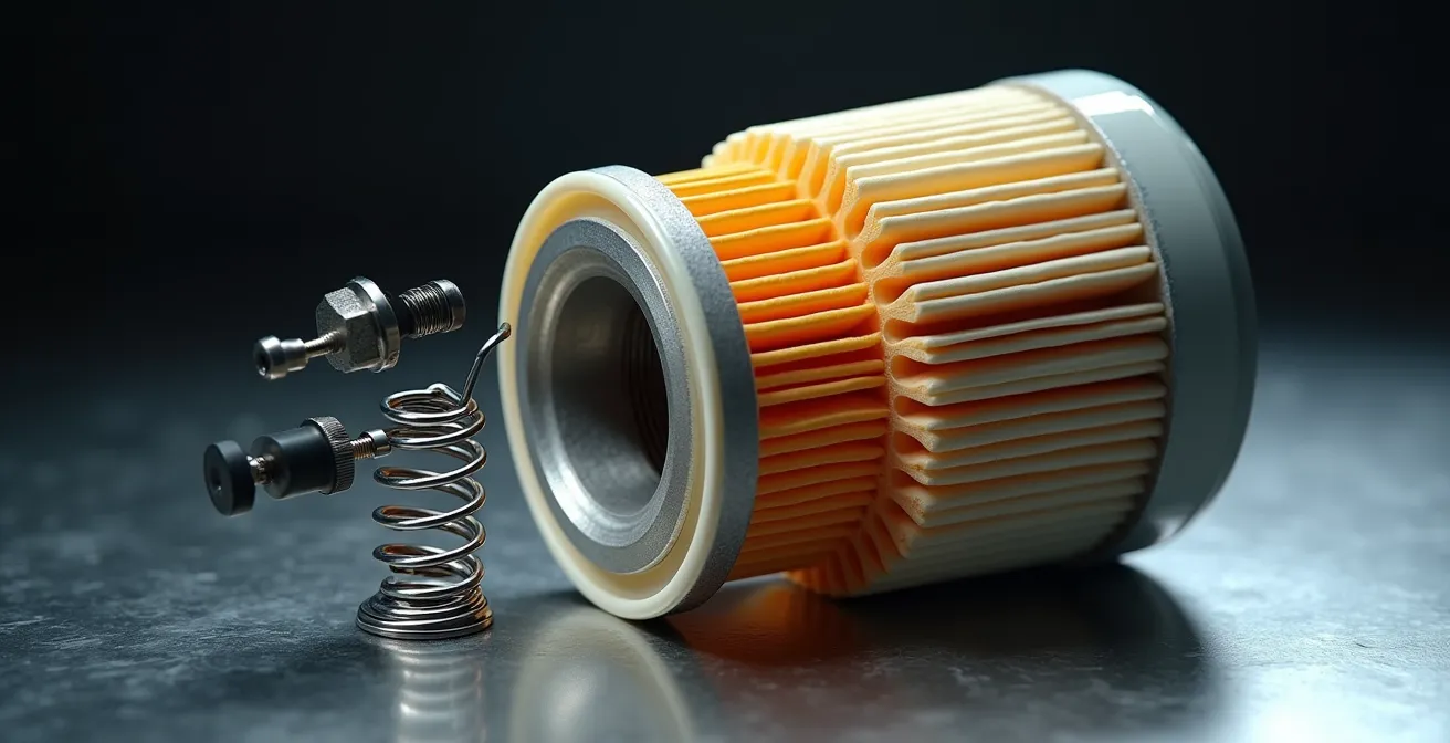 Coupe technique d'un filtre à huile montrant les composants internes et la valve bypass