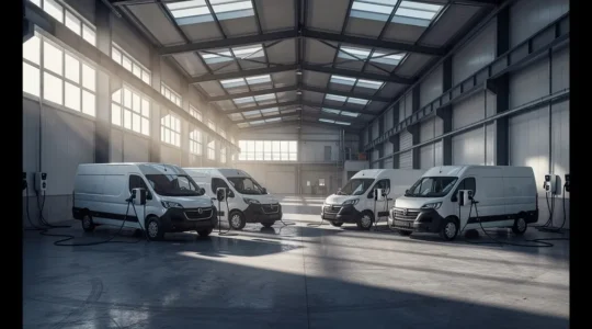 Utilitaires électriques en charge dans un entrepôt de logistique avec système de bornes intelligentes