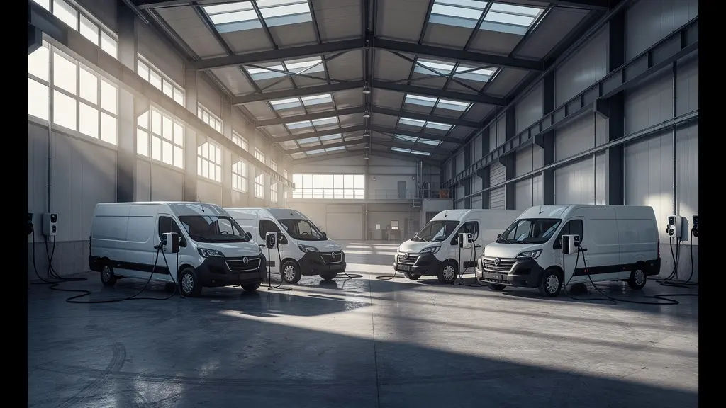 Utilitaires électriques en charge dans un entrepôt de logistique avec système de bornes intelligentes