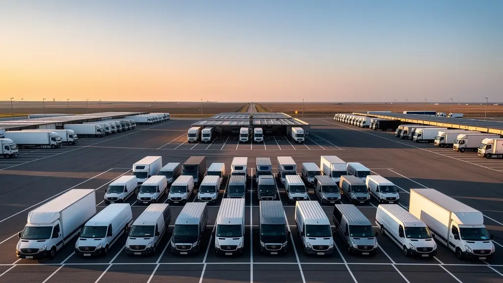 Vue grand angle d'un parking d'entreprise avec plusieurs véhicules de flotte alignés au lever du soleil