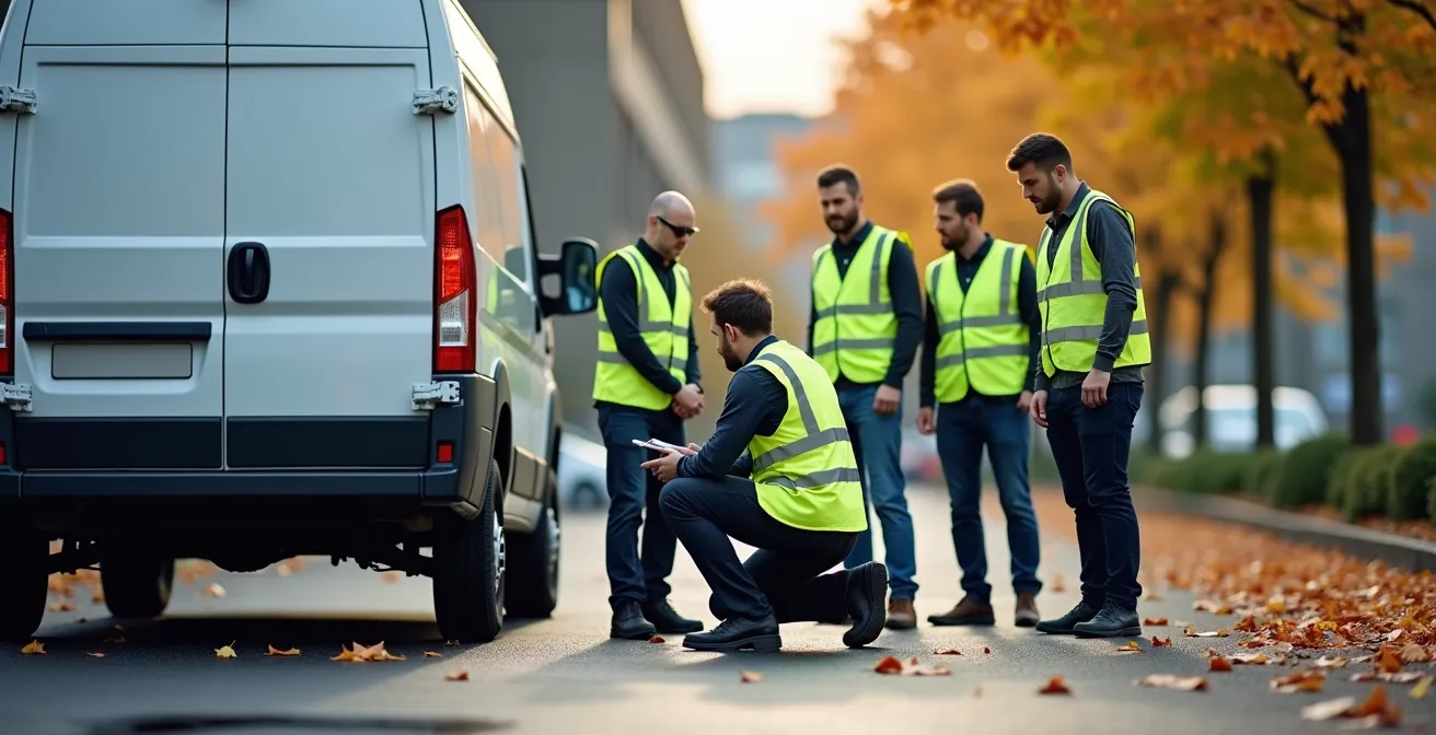 Groupe de conducteurs en formation pratique autour d'un véhicule utilitaire sur un parking d'entreprise en automne