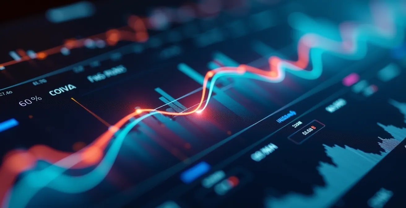 Visualisation macro d'un tableau de bord analytique avec graphiques de prédiction des stocks et courbes de tendance