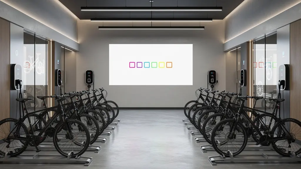 Parking vélo sécurisé moderne avec bornes de recharge électrique et système d'accès par badge