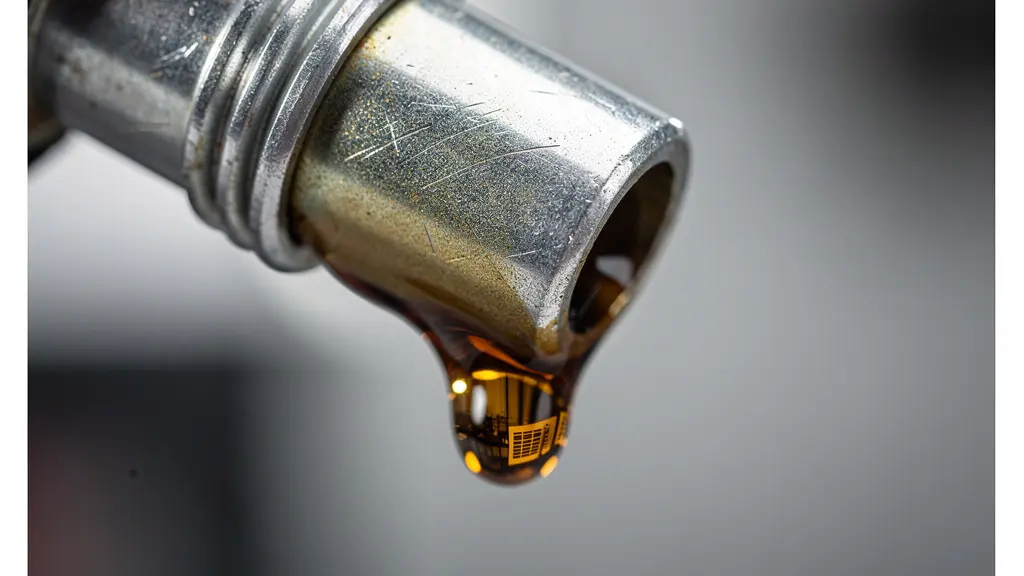 Goutte de carburant ambré au bout d'un embout métallique non marqué, en très gros plan, avec des reflets abstraits évoquant un calcul sans montrer de chiffres.