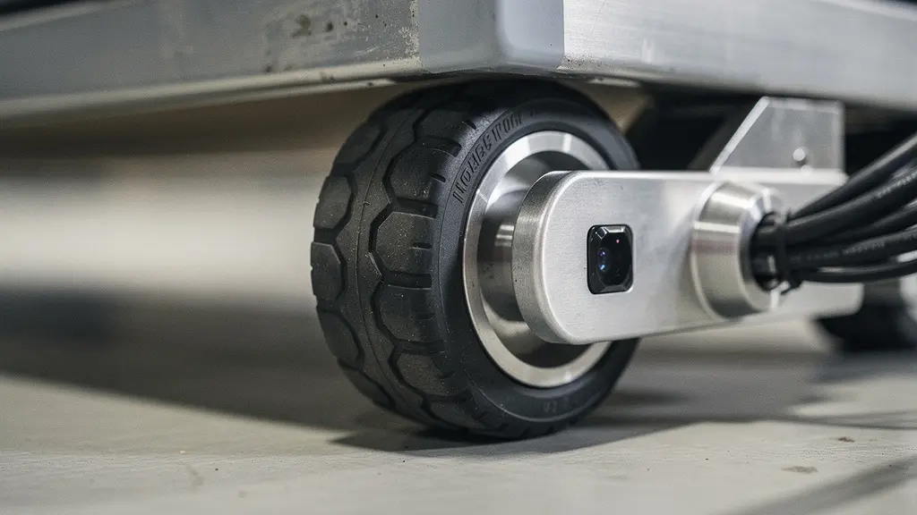 Gros plan macro d'un module mécanique de robot logistique avec capteur et rouleau suggérant un stock en mouvement