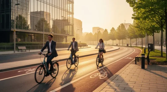 Jeunes professionnels utilisant vélos et trottinettes électriques dans un environnement urbain moderne avec des espaces dédiés à la mobilité douce