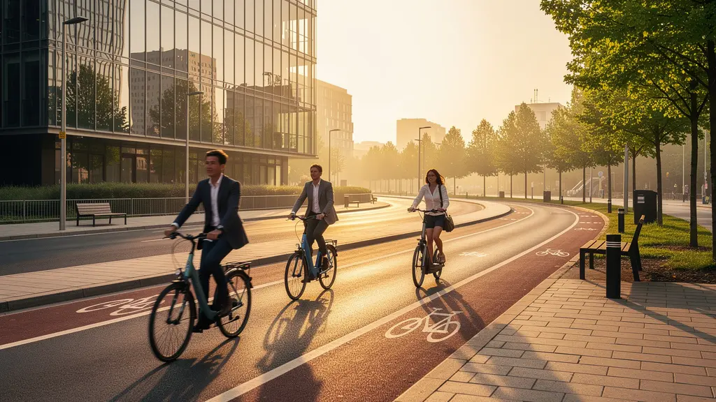 Jeunes professionnels utilisant vélos et trottinettes électriques dans un environnement urbain moderne avec des espaces dédiés à la mobilité douce
