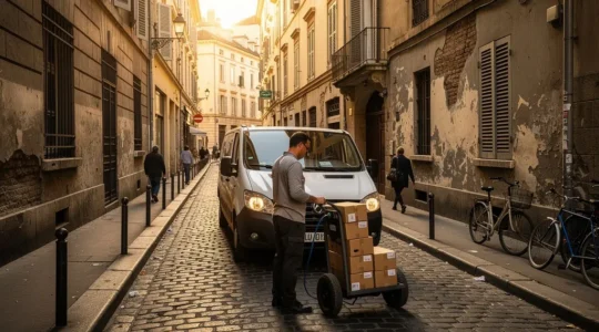 Scène de livraison urbaine avec un chauffeur déchargeant des colis dans une rue étroite du centre-ville