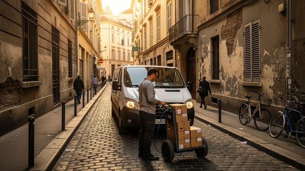 Scène de livraison urbaine avec un chauffeur déchargeant des colis dans une rue étroite du centre-ville