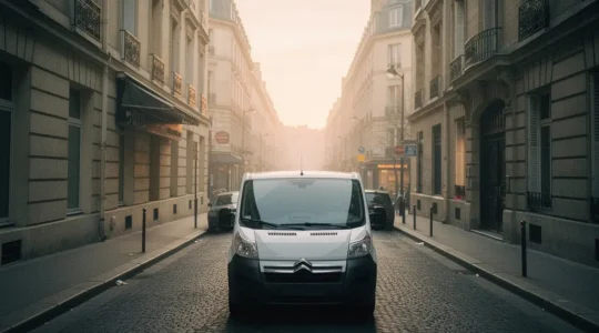 Fourgon utilitaire blanc stationné dans une rue urbaine étroite à l'aube, entre des immeubles haussmanniens, avec un reflet de ciel bleu sur le pare-brise