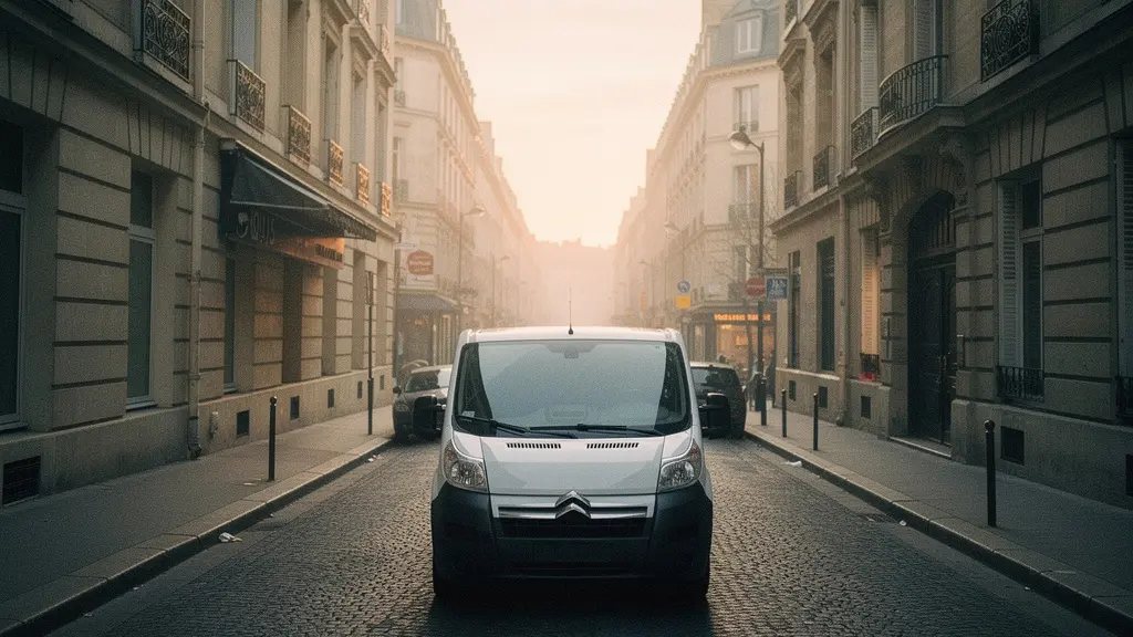 Fourgon utilitaire blanc stationné dans une rue urbaine étroite à l'aube, entre des immeubles haussmanniens, avec un reflet de ciel bleu sur le pare-brise