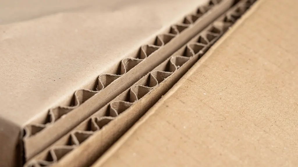 Gros plan macro d'un carton neutre avec du calage en papier et des textures de carton ondulé, illustrant la réduction du vide dans un colis, sans étiquettes lisibles.