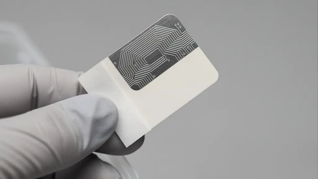 Gros plan macro d’une étiquette RFID sans texte, montrant la texture de l’inlay et une main gantée manipulant une pièce logistique.