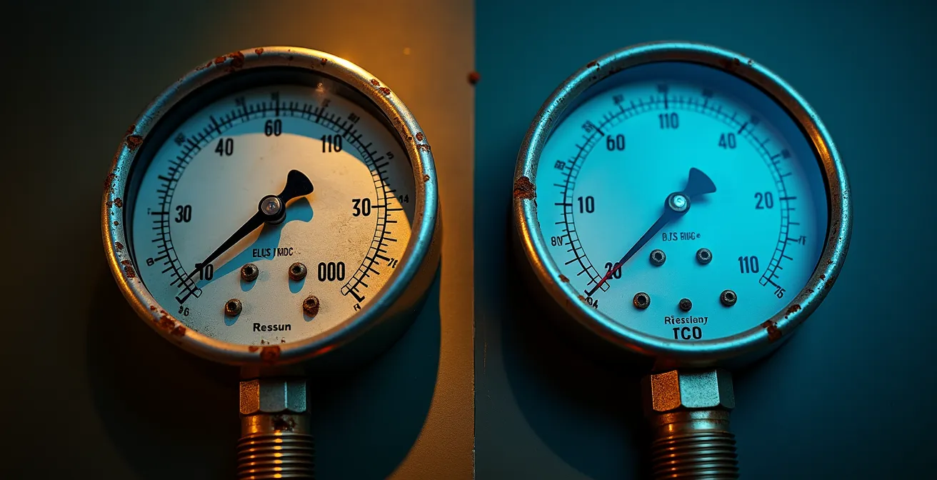 Comparaison visuelle entre manomètre station service usé et manomètre digital professionnel