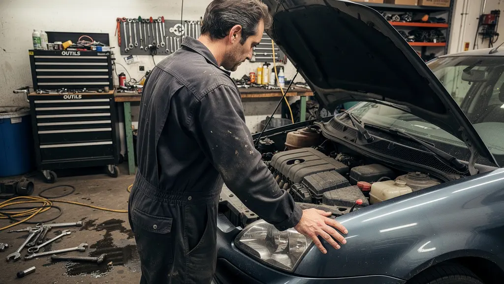 Mécanicien inspectant un moteur dans un atelier automobile pour évaluation véhicule occasion