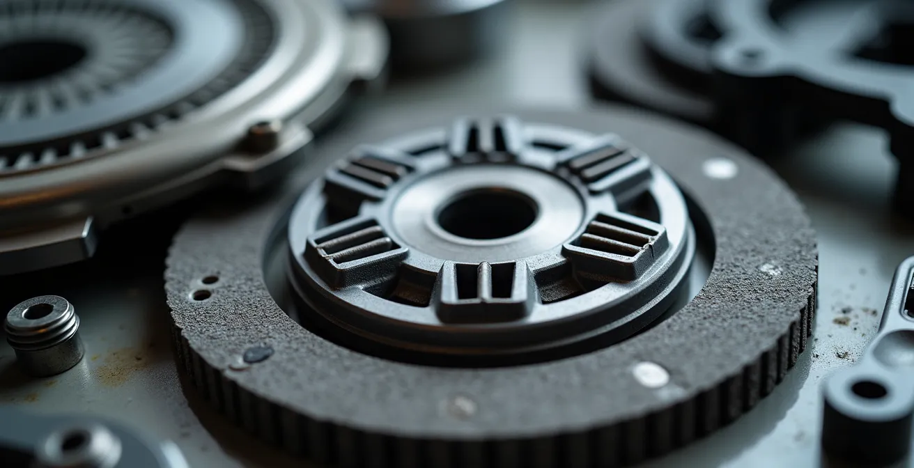 Vue détaillée d'un système d'embrayage démonté montrant le disque et le mécanisme