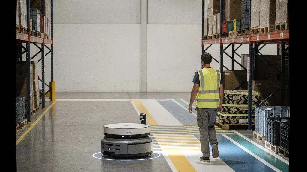 Allée d'entrepôt silencieuse avec un robot mobile à l'arrêt et un couloir de contournement manuel dégagé
