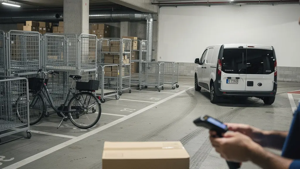 Parking urbain converti en micro-hub avec modules de tri neutres et vélos cargo, montrant la contrainte d’espace et la rupture de charge.