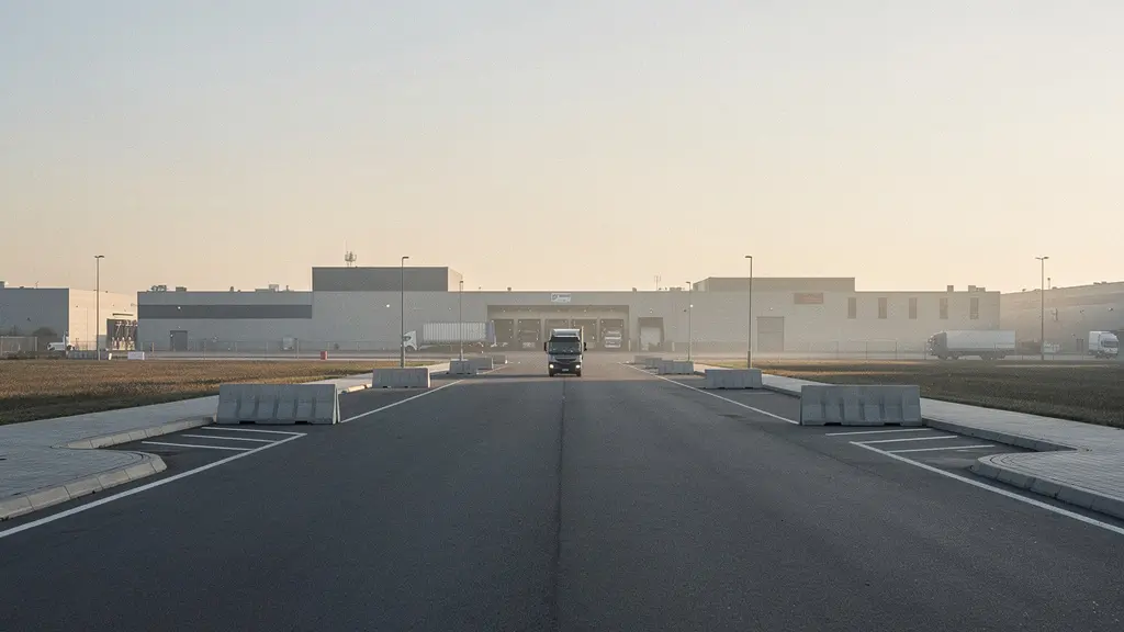 Vue large d'une zone logistique presque vide avec un camion arrete et des barrieres abstraites, atmosphere calme avant une perturbation.