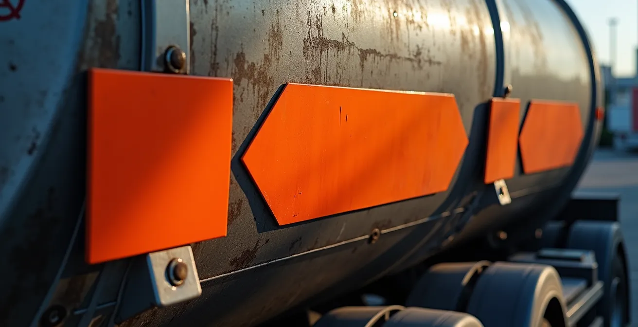 Vue détaillée des plaques orange ADR avec codes de danger sur un camion-citerne