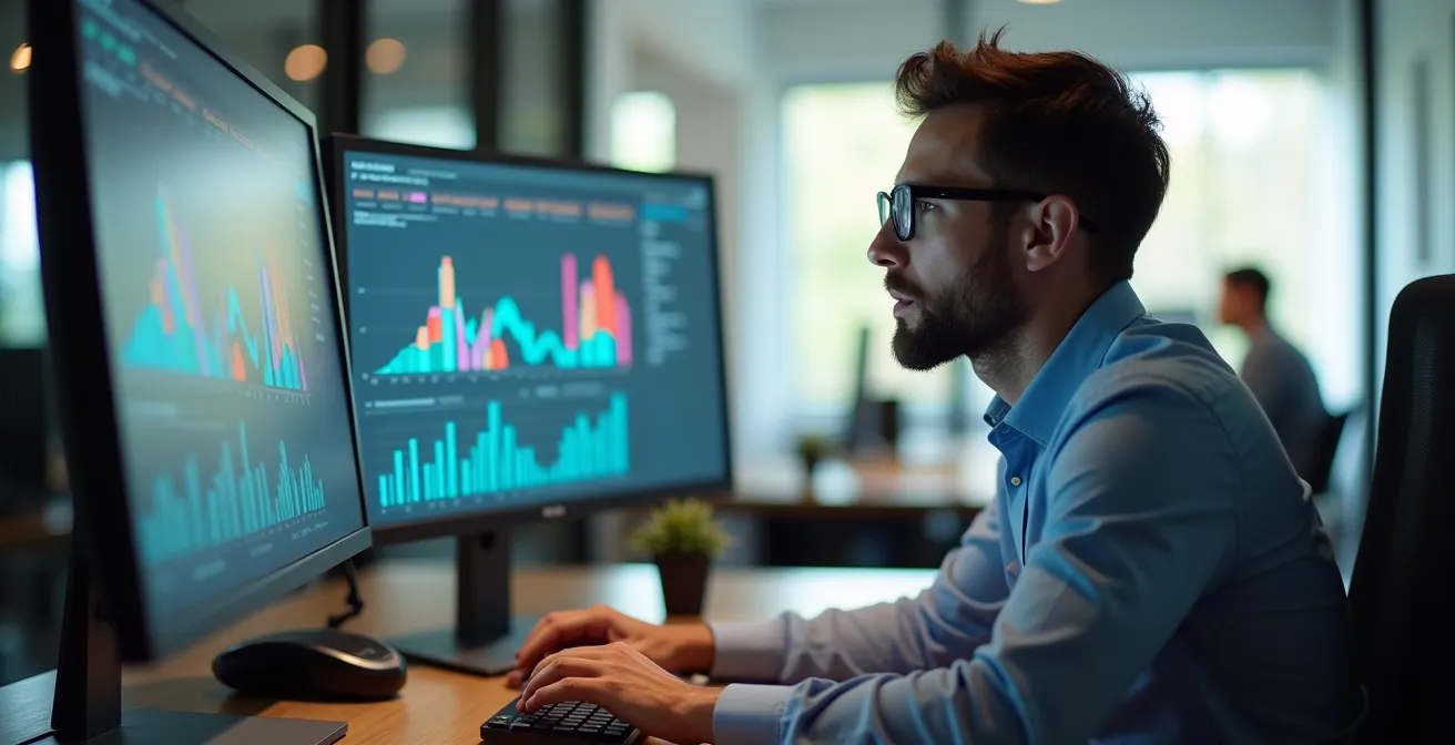 Espace de travail moderne avec ordinateur montrant des graphiques de données