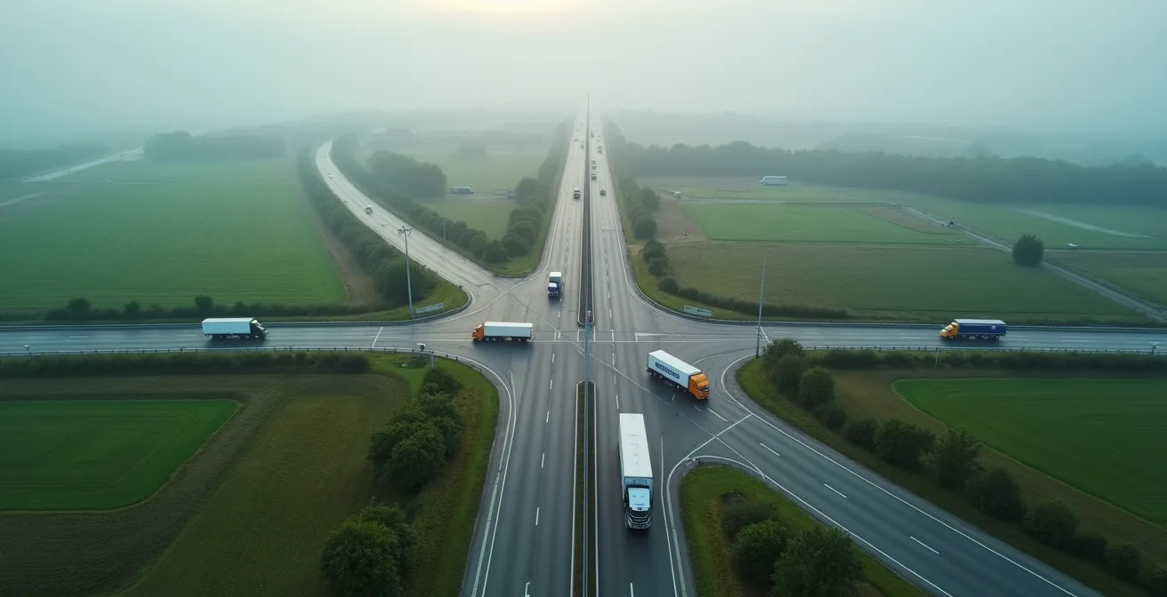 Vue aérienne d'un poste frontalier entre la Belgique et la France avec circulation de poids lourds