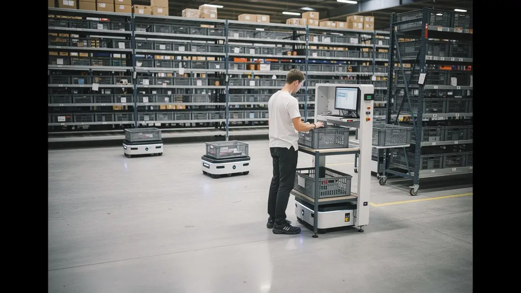 Vue large d'un poste goods-to-person où des robots mobiles autonomes apportent des bacs à un opérateur, avec de l'espace dégagé autour