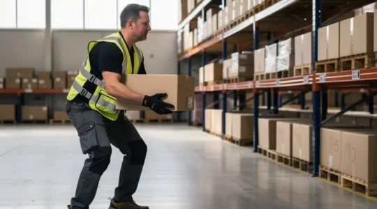 Préparateur de commandes travaillant de manière ergonomique dans un entrepôt moderne avec équipements adaptés
