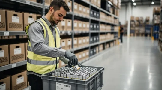 Préparateur de commandes dans un entrepôt moderne, en train de déposer un article dans un bac, avec une grande zone d’espace vide pour une accroche, sans texte ni étiquettes lisibles.