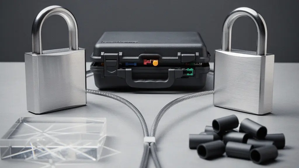 Nature morte d’objets symbolisant la portabilite et la souverainete des donnees logistiques, avec un jeu de verrous et de cables sur une table neutre.