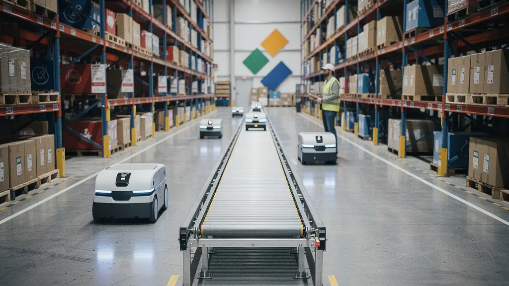 Entrepot moderne avec des robots mobiles autonomes circulant a cote d un convoyeur fixe, montrant la transition vers une logistique plus flexible.
