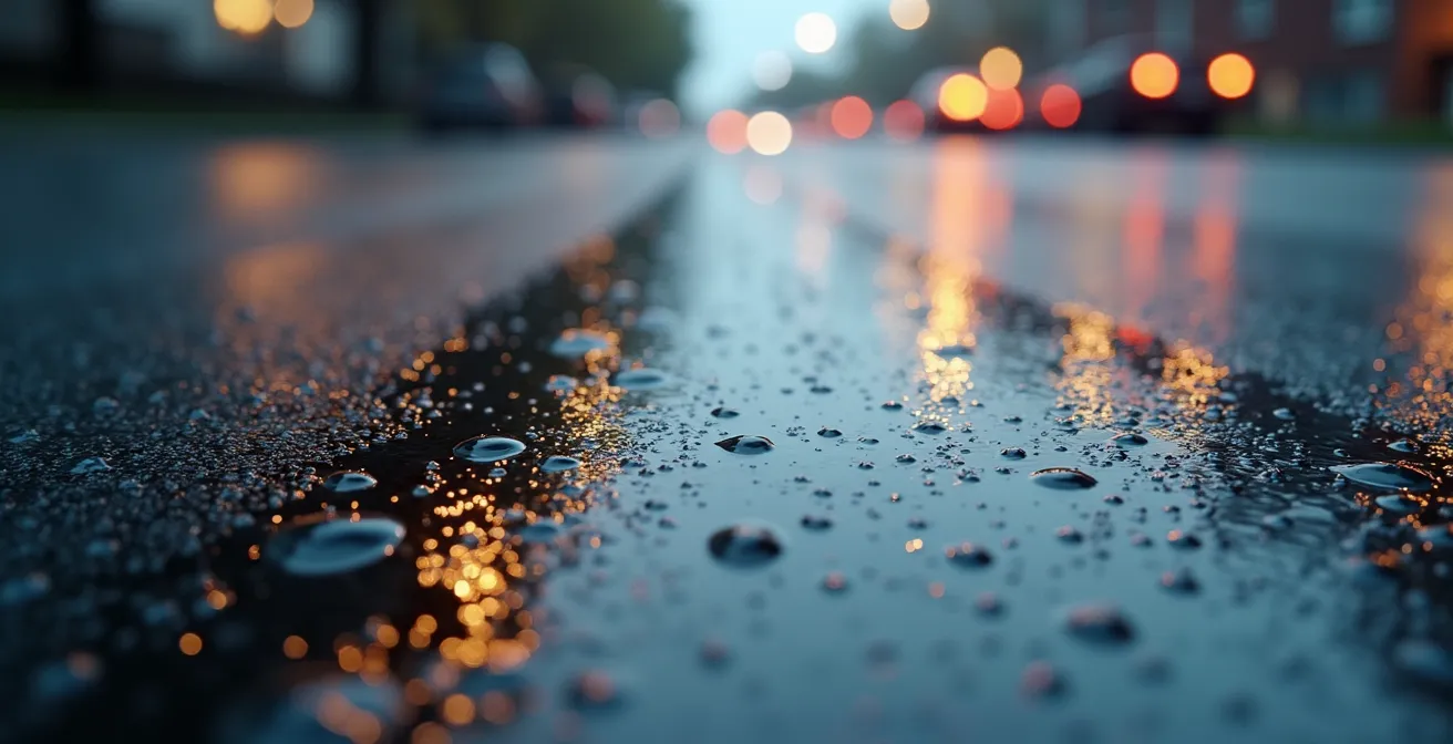 Gros plan sur surface d'asphalte avec premières gouttes de pluie créant un film huileux