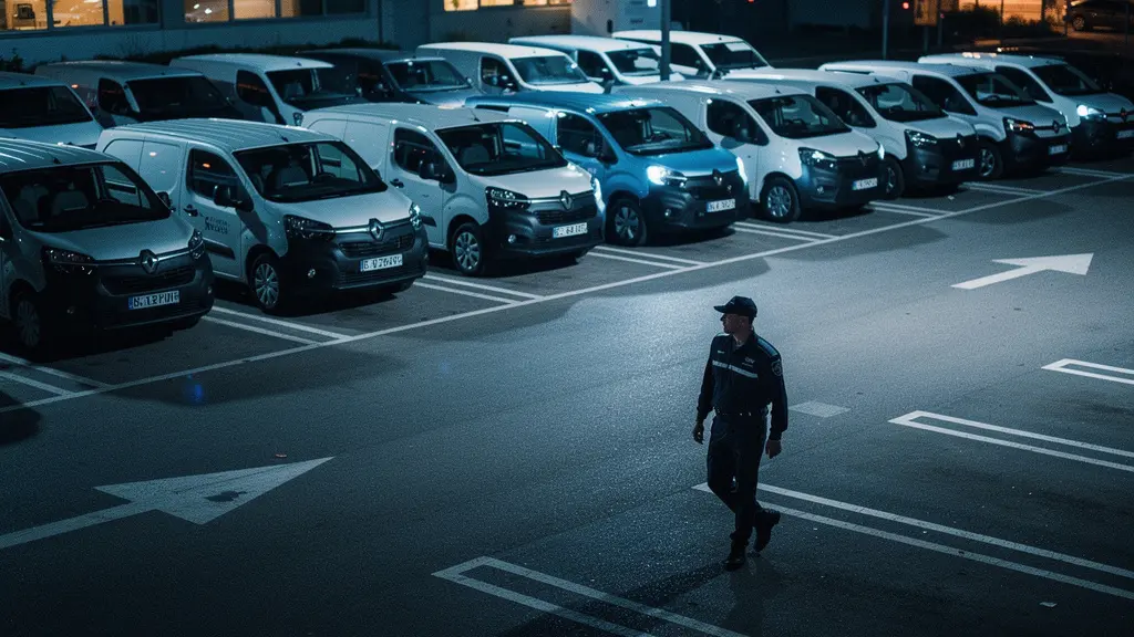 Vue aérienne nocturne d'un parking avec véhicules électriques espacés selon les normes de sécurité
