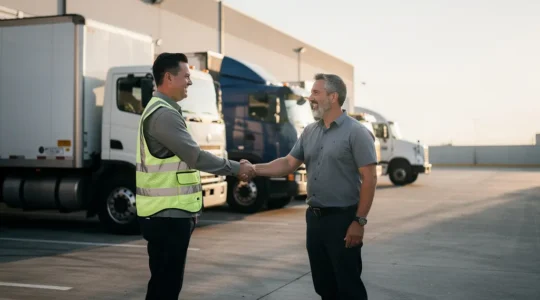 Responsable logistique et chauffeur routier se serrant la main sur un quai, avec des poids lourds non marques en arrière-plan et un grand espace vide dans le ciel pour le titre.