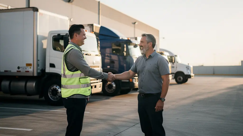 Responsable logistique et chauffeur routier se serrant la main sur un quai, avec des poids lourds non marques en arrière-plan et un grand espace vide dans le ciel pour le titre.