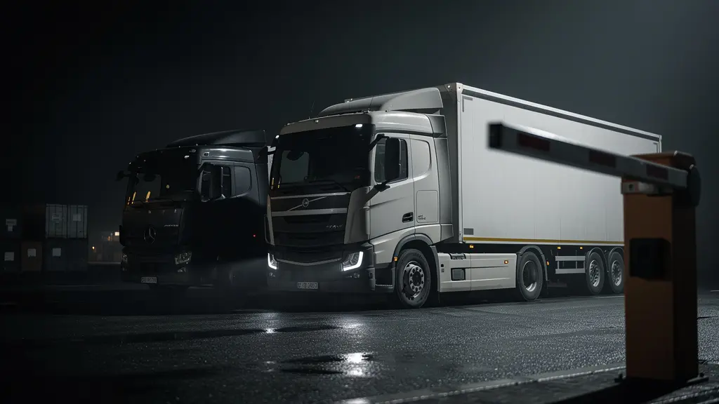 Deux camions non marques se superposent dans une lumière dramatique, l'un net et l'autre dans l'ombre, évoquant une sous-traitance cachée sans montrer de texte ni de logos.