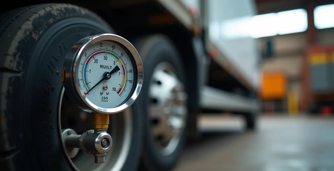 Gros plan sur valve de pneu arrière de fourgon avec manomètre indiquant pression augmentée
