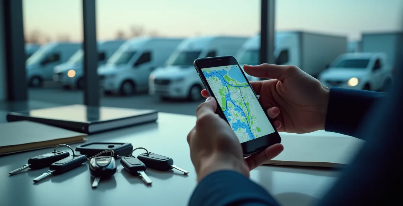 Écran de système télématique montrant le tracé GPS d'un véhicule sur une carte routière, symbolisant la preuve par la géolocalisation.