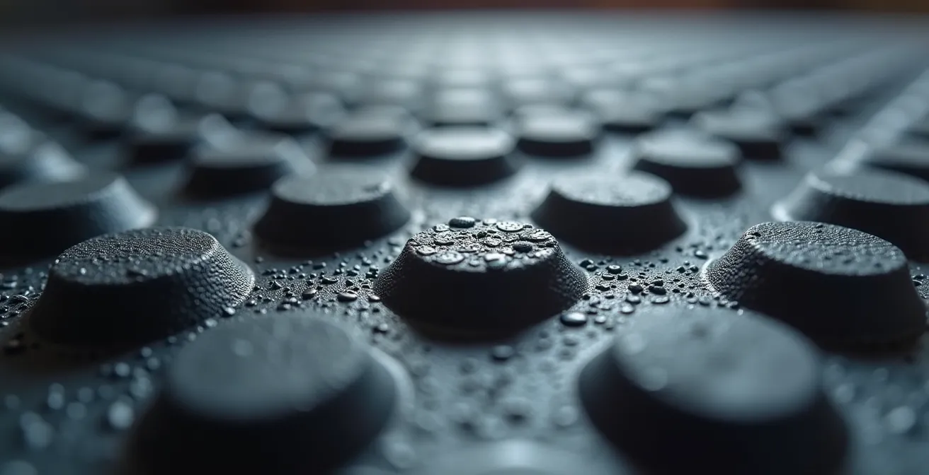 Gros plan macro sur la texture d'un tapis antiglisse montrant la structure granuleuse qui augmente la friction