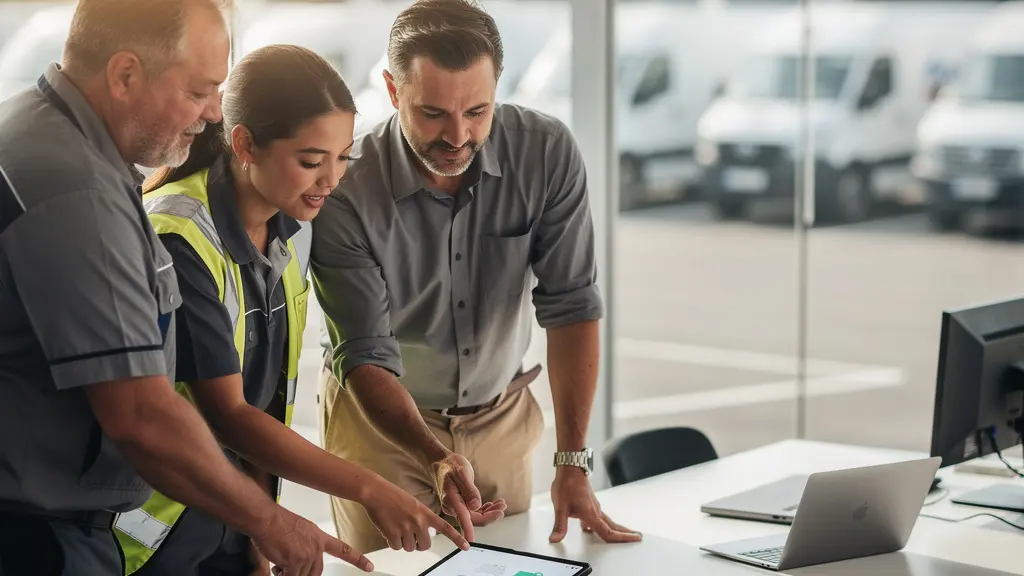 Chauffeurs professionnels et gestionnaires de flotte travaillant en collaboration dans un contexte de transparence et technologie
