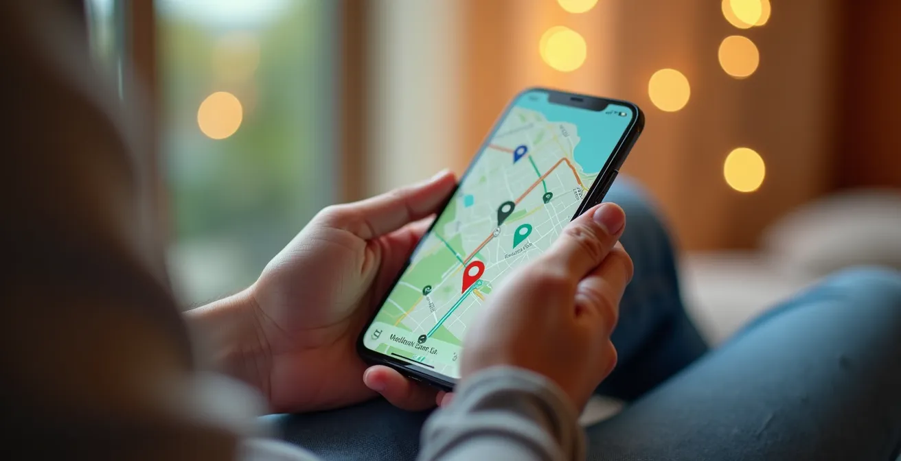 Main tenant un smartphone montrant une carte de suivi de livraison avec effet de profondeur