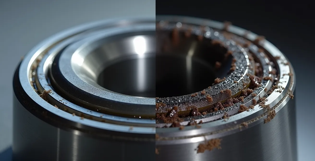 Comparaison visuelle entre un palier de turbo sain et un palier endommagé par la cokéfaction de l'huile
