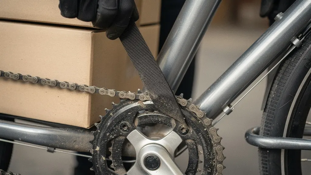 Gros plan texturé d’un vélo cargo et d’un colis neutre, évoquant le surcoût et la matérialité de la livraison verte.