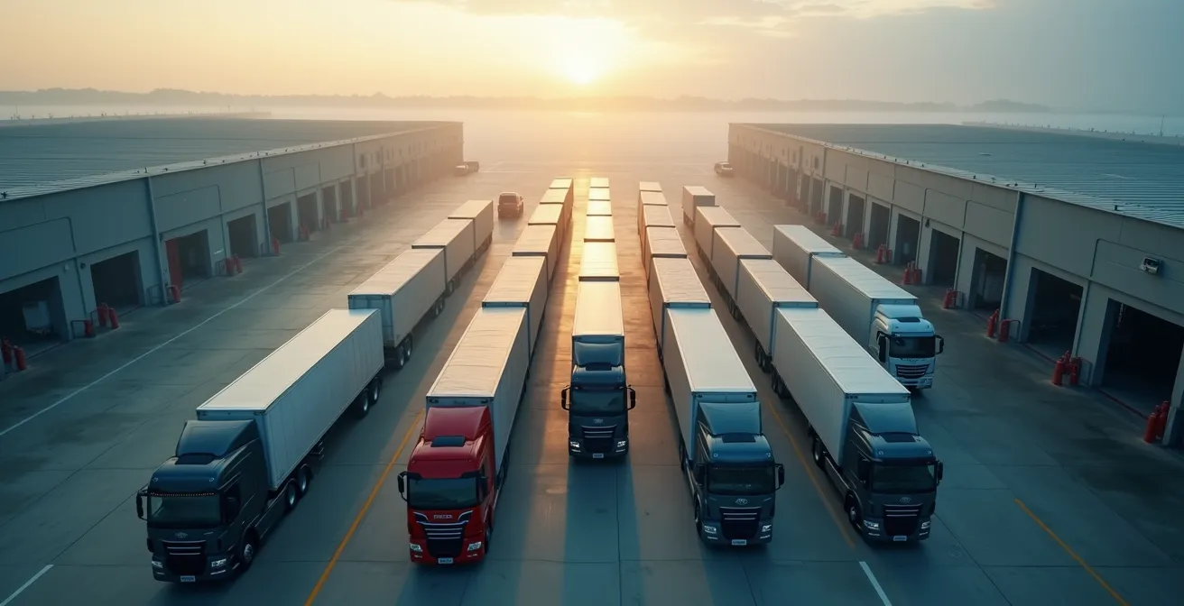 Vue aérienne minimaliste d'une aire de chargement avec plusieurs camions en attente