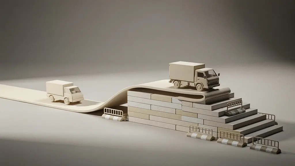 Composition symbolique montrant la différence entre un trajet routier simple et la complexité réelle des arrêts et étages en livraison.