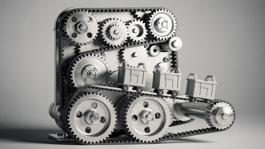 Composition métaphorique montrant deux niveaux de contrôle mécanique coordonnant le mouvement de bacs et rouleaux en entrepôt