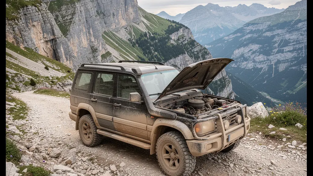 Véhicule 4x4 immobilisé capot ouvert sur chemin de montagne, situation de panne tout-terrain Véhicule 4x4 immobilisé capot ouvert sur chemin de montagne, situation de panne tout-terrain