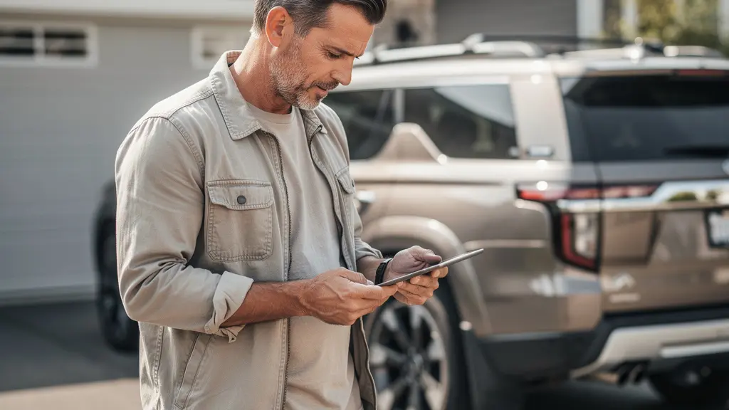 Propriétaire de 4x4 consultant son contrat d'assurance sur tablette près de son véhicule Propriétaire de 4x4 consultant son contrat d'assurance sur tablette près de son véhicule